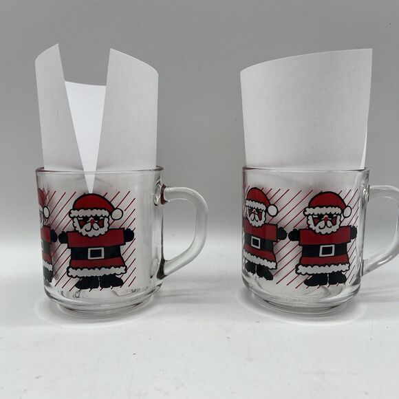 Vintage 2 Luminarc Red Stripe Santa Claus Christmas Mugs Coffee Holiday St Nick - Picture 4 of 12